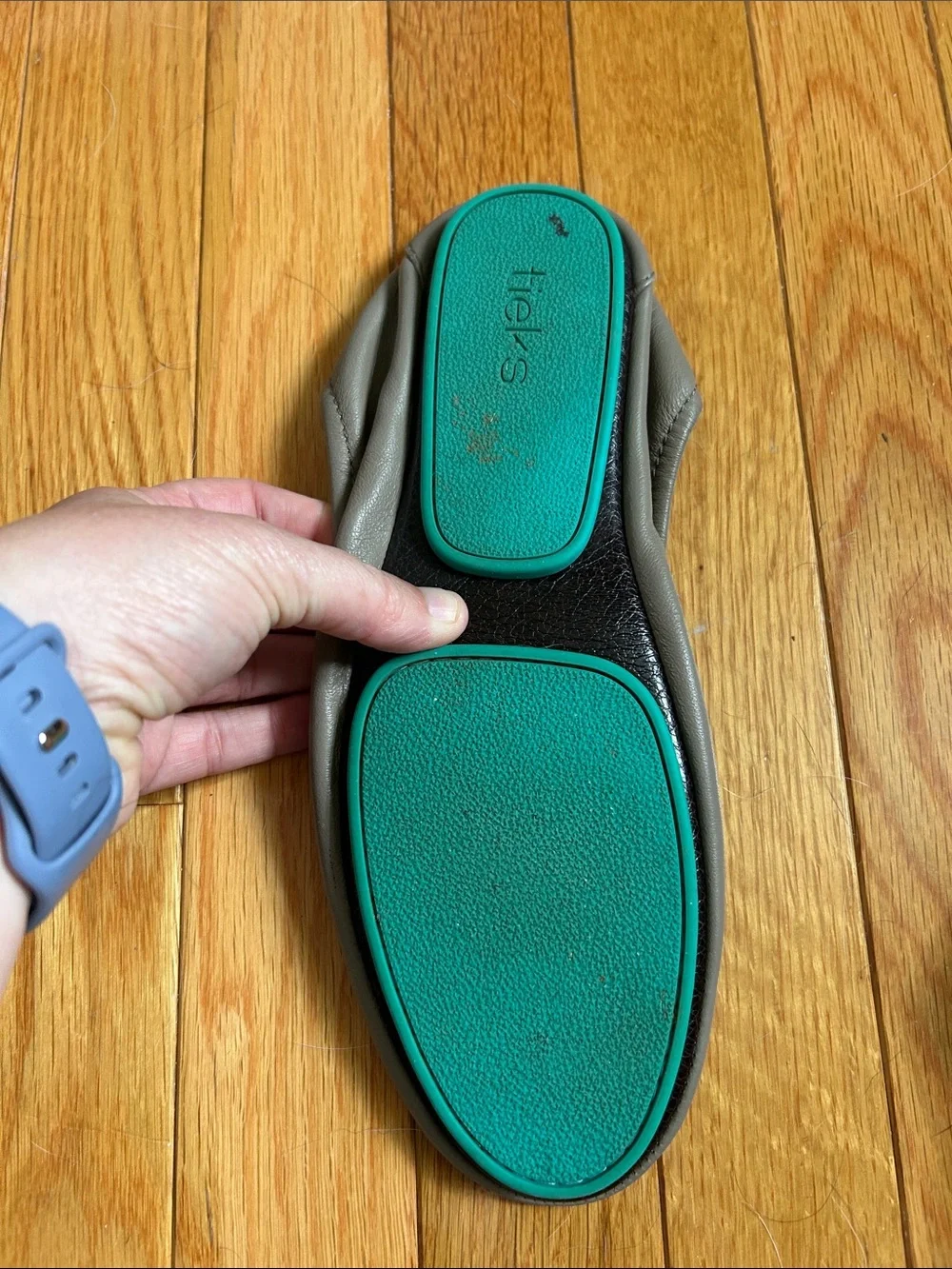 Tieks Light Brown/Khaki Leather Ballet Flats with Teal Trim - Picture 5 of 11